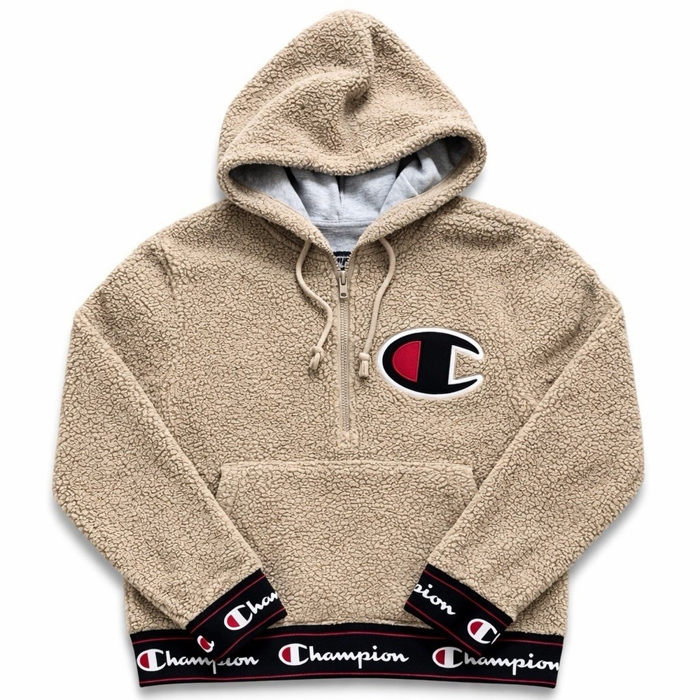 Champion Sherpa Fleece Hoodie Big C Logo 1/4 Zip Pullover Tan Beige Size Small
